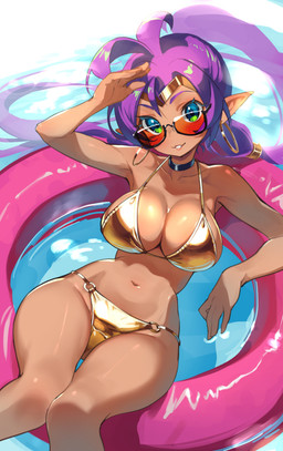 big_breasts bikini blue_eyes breasts choker circlet cleavage clothed clothed_female clothed_humanoid clothing collarbone eyebrows eyelashes eyewear female female_humanoid glistening glistening_body glistening_breasts glistening_skin glistening_thighs gold_bikini hair humanoid_pointy_ears inflatable inner_tube jewelry long_hair navel necklace not_furry pointy_ears purple_hair solo sunglasses swimwear thigh_gap two-piece_swimsuit water wearing_sunglasses wide_hips life_is_pi golden_week shantae_(series) wayforward shantae genie humanoid 2026 absurd_res hi_res