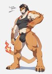 anthro beard biceps bulge clothing digital_drawing_(artwork) digital_media_(artwork) facial_hair fangs felid forgetch hair hi_res lion male mammal nipples pantherine shirt simple_background solo standing tail tank_top teeth topwear white_background