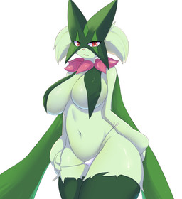 anthro big_breasts breast_curtains breasts clothed clothing covering covering_breasts female female_anthro fur green_body green_fur hands_behind_back knock-kneed looking_at_viewer nude nude_anthro nude_female panties partially_clothed red_eyes solo thick_thighs underwear ohuryh nintendo pokemon generation_9_pokemon meowscarada pokemon_(species) absurd_res hi_res