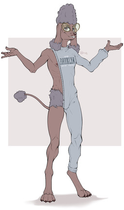 anthro claws clenched_teeth clothing ear_tuft eyewear fur glasses looking_at_viewer male nipples shaved smile smiling_at_viewer solo spread_arms standing tail tail_tuft teeth tiptoes tuft jimfoxx brooklyn_sweater meme_clothing dante_(jimfoxx) canid canine canis domestic_dog mammal poodle 2026 hi_res meme signature