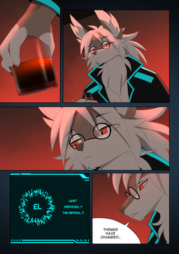 anthro beverage black_clothing black_jacket black_topwear claws clothing communicating container cup dialogue ear_tuft ears_up eyewear frown glass glass_container glass_cup glasses holding_beverage holding_container holding_cup holding_object jacket male neck_tuft neon_lights red_eyes red_glow solo topwear tuft rednroge dorian_solvain canid canine canis fox mammal comic hi_res