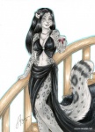 alcohol anthro beverage biped black_hair breasts classy cleavage clothed clothing descending dress eyebrows felid female food glass hair jennifer_l_anderson jewelry leopard_spots mammal necklace pantherine smile snow_leopard solo spots stairs standing tail tara_(disambiguation) text url wine