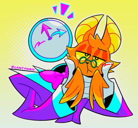 anthro black_eyes black_nose blue_clothing blue_suit blush bow_tie carrying_another clock clothing duo eyewear front_view fur glasses green_eyewear green_glasses hair half-closed_eyes holding_another male multicolored_clothing multicolored_suit narrowed_eyes orange_body orange_ears orange_fur orange_hair pink_bow_tie purple_clothing purple_suit standing suit text two_tone_clothing two_tone_suit yellow_sclera lanthart chikn_nuggit bezel_(chikn_nuggit) onyn_ring_(chikn_nuggit) bat eastern_red_bat humanoid mammal 2025 artist_name digital_media_(artwork)