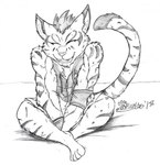 anthro clenched_teeth clothed clothing crossed_legs ears_up eyes_closed fangs fur hair male muscular muscular_male raised_tail sitting smile solo tail teeth marcushunter nekojishi studio_klondike shu-chi felid feline leopard_cat mammal prionailurus 2018 hi_res signature