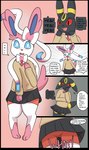 5_panel_comic absurd_res angry blush bottomwear boxers_(clothing) bulge clothed clothing comic crossdressing crossed_legs dialogue eeveelution embarrassed english_text female feminization forced generation_2_pokemon generation_6_pokemon hi_res male male/female matachu nintendo pokemon pokemon_(species) school_uniform sid_(matachu) skirt stacy_(matachu) sylveon tail text umbreon underwear uniform upskirt