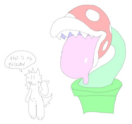 ambiguous_gender anthro bodily_fluids dialogue drooling drooling_tongue duo female gesture hand_gesture open_mouth plant pointing pointing_at_another pointing_back red_body saliva sharp_teeth simple_background size_difference speech_bubble spots teeth tongue tongue_out white_background white_spots bigsteppies mario_bros nintendo canid elemental_creature flora_fauna mammal piranha_plant hi_res