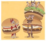 anthro burger burger_costume clothed clothing costume female food food_costume group male simple_background trio aar0njay balto_(series) universal_studios aleu_(balto) balto jenna_(balto) canid canine canis domestic_dog husky hybrid mammal nordic_sled_dog siberian_husky spitz wolf wolfdog 2024 hi_res