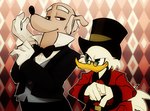 anthro beak biped black_nose bow_tie clothed clothing duo eyewear feathers glasses gloves handwear hat headgear headwear looking_at_another male small_glasses smile suit tan_body top_hat white_body white_feathers imotaco disney ducktales ducktales_(2017) duckworth scrooge_mcduck anatid anseriform avian bird canid canine canis domestic_dog duck mammal 2020