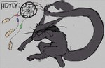 anthro black_body black_fur blindfold dreamcatcher feathers fur logo long_ears long_tail lying lying_on_ground male on_ground on_side paws simple_background solo tail tail_tuft tuft whiskers hdyly felid feline felis mammal artist_logo artist_name digital_media_(artwork) hi_res signature