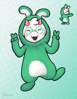 ambiguous_gender anthro biped blush blush_stickers clothing costume countershade_torso countershading cute_fangs double_v_sign eyes_closed eyewear fangs fursuit gesture glasses hand_gesture head_tuft hood hooded horn onesie open_mouth open_smile pajamas pose rabbit_ears rabbit_fursuit raised_leg simple_background smile solo teeth text tuft v_sign wearing_glasses pincoosh deltarune undertale_(series) ralsei darkner artist_name digital_media_(artwork) halftone hi_res reference_image male_(lore)