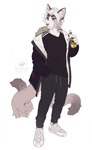 2_tails alcohol anthro beer beverage black_bottomwear black_clothing black_jacket black_pants black_shirt black_topwear bottomwear clothed clothing footwear fully_clothed fur hair hand_in_pocket holding_beer holding_beverage holding_object jacket male multi_tail pants pockets red_eyes shirt shoes short_hair simple_background solo standing tail topwear white_body white_clothing white_footwear white_fur white_hair white_shoes ahornsirup diesel_wiesel volcanins domestic_cat felid feline felis mammal colored digital_media_(artwork) flat_colors full-length_portrait hi_res portrait