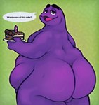 anthro belly big_butt butt butt_dimples cake cake_slice dessert dialogue eyebrows fat_rolls food half-closed_eyes male mascot narrowed_eyes obese obese_anthro obese_male open_mouth overweight overweight_anthro overweight_male purple_body rear_view smile solo text captchevron mcdonald's grimace_(mcdonald's) monster 2023 digital_media_(artwork) english_text hi_res shaded