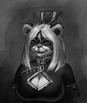 anthro big_breasts breasts cleavage_cutout clothing cutout eyewear female glasses simple_background solo topwear shadoca blizzard_entertainment warcraft bear mammal pandaren 2020 bust_portrait hi_res monochrome portrait