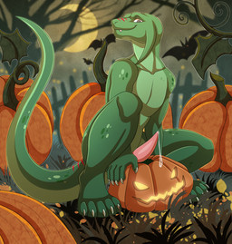 anthro erection genitals jack-o'-lantern looking_at_viewer male nude penis sitting smile solo tapering_penis re-re zetsin scalie hi_res