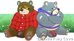 2023 animal_crossing anthro balls band-aid bandage bear black_body clothing curt_(animal_crossing) duo english_text genitals grey_body grizzly_(animal_crossing) haxsmack hi_res hoodie male male/male mammal nintendo penis shirt sitting slightly_chubby text topwear