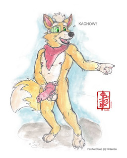 animal_genitalia animal_penis anthro aroused balls bodily_fluids canine_genitalia canine_penis erection genital_fluids genitals gesture hand_gesture kerchief male nude penis pointing precum solo standing standing_pose fennec_(artist) nintendo star_fox fox_mccloud canid canine fox mammal painting_(artwork) traditional_media_(artwork) watercolor_(artwork)
