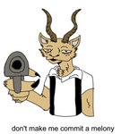 5_fingers antelope anthro beastars bovid clothed clothing cropped delet_this english_text eye_spots felid fingers gazelle gun handgun horn humor hybrid leopard low_res male mammal melon_(beastars) meme pantherine pistol pun ranged_weapon shitpost simple_background solo text unknown_artist upscale weapon