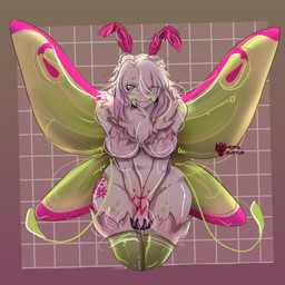 antennae_(anatomy) big_breasts breasts female fur green_body green_eyes hair insect_wings lepidopteran_wings markings pink_markings simple_background slightly_chubby smile solo white_body white_hair wide_hips wings heima_surtur arthropod insect lepidopteran moth 1:1 absurd_res hi_res shaded