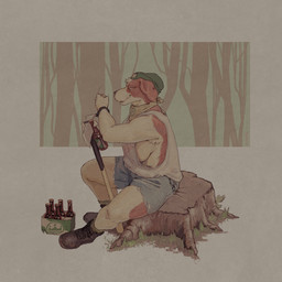 abstract_background alcohol anthro areola armpit_hair axe beanie beer beverage big_breasts biped body_hair boots bottomwear breasts brown_body brown_fur clothing denim denim_bottomwear denim_clothing denim_shorts ear_piercing female footwear fur hat headgear headwear kerchief looking_at_viewer piercing shoes shorts side_boob sitting smile solo tree_stump white_body white_fur flowerdino canid canine canis domestic_dog mammal 1:1 digital_drawing_(artwork) digital_media_(artwork) hi_res