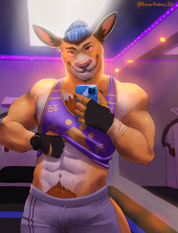 abs athletic_wear blue_hair bodily_fluids body_hair cellphone chest_hair chest_tuft clothed clothing clothing_lift electronics fur gloves gym hair handwear happy_trail male mirror mirror_selfie muscular muscular_male phone pink_nose pubes selfie shirt shirt_lift smartphone smile solo sweat topwear tuft yellow_body yellow_fur xavierkumak hybrid kangaroo macropod mammal marsupial hi_res