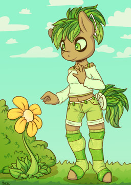 accessory anthro bottomwear bow_(feature) bow_accessory bow_ribbon clothing crop_top flower furgonomics hair_accessory hair_bow hair_ribbon legwear plant ribbons shirt shorts solo stockings tail tail_accessory tail_bow tail_ribbon thigh_highs topwear breeoche hasbro my_little_pony fan_character equid mammal 2018 hi_res