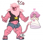 3_toes anthro anthrofied bottomwear claws clothed clothing dress duo exclamation_point feet footwear fur fusion heart_symbol interrobang male pink_body pink_fur question_mark sandals shirt shoes shorts toe_claws toes topwear beachfox cartoon_network steven_universe greg_universe lion_(steven_universe) rose_quartz_universe alien alien_humanoid diamond_(gem_species) felid gem_(species) humanoid lion mammal pantherine 2015