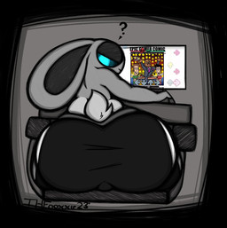 anthro big_butt blue_eyes butt computer_monitor emanata femboy fur looking_back male question_mark scut_tail short_tail solo tail white_body white_fur thfooxxir gimby lagomorph leporid mammal rabbit hi_res