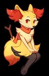 anthro black_nose closed_smile eyebrows eyelashes female fluffy fluffy_tail fur inner_ear_fluff mouth_closed paws pupils red_eyes red_inner_ear_fluff scarf simple_background sitting smile solo stick tail tuft white_body white_fur white_sclera yellow_body yellow_fur flavia-elric nintendo pokemon braixen canid generation_6_pokemon mammal pokemon_(species) 2018 alpha_channel digital_media_(artwork) hi_res