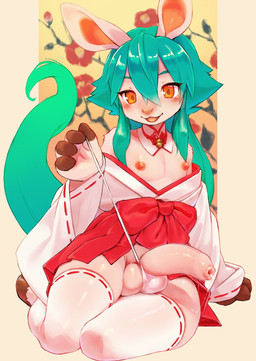 anthro asian_clothing balls bell bell_collar blush blush_lines bodily_fluids clothing collar east_asian_clothing erection flirting flirting_with_viewer foreskin fur genital_fluids genitals green_hair hair hooves humanoid_genitalia japanese_clothing kemono kimono leggings legwear looking_at_viewer male nipples penis precum sitting solo thong underwear white_body white_fur young young_anthro young_but_hung young_male kuroisumi new_year_2026 equid equine horse mammal hi_res