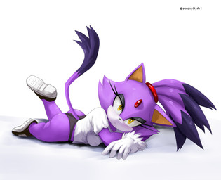 anthro breasts butt clothing eyelashes female footwear forehead_gem gem hair looking_at_viewer lying on_front ponytail raised_leg shirt shoes simple_background solo t-shirt tail text thin_tail topwear underwear white_clothing white_shirt white_t-shirt white_topwear soranygyart sega sonic_the_hedgehog_(series) blaze_the_cat domestic_cat felid feline felis mammal 2026 artist_name hi_res