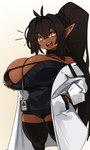 big_breasts black_hair breasts cleavage clothed clothing dark_body dark_skin doctor's_coat doctor_outfit female hair hand_on_breast happy huge_breasts humanoid_pointy_ears looking_at_viewer markings mole_(marking) name_tag not_furry open_mouth orange_eyes pointy_ears ponytail short_stack smile solo teeth thick_thighs zanamaoria river_(zanamaoria) elf humanoid hi_res