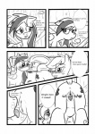 2012 anus applejack_(mlp) black_and_white blush bucket comic container cutie_mark dialogue duo earth_pony english_text equid equine feathered_wings feathers female female/female feral freckles friendship_is_magic genitals hasbro hi_res horse mammal monochrome my_little_pony mythological_creature mythological_equine mythology pegasus pony pussy rainbow_dash_(mlp) raised_tail rhk simple_background spread_pussy spreading tail text tongue white_background wings