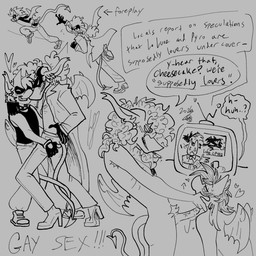 anthro blush bodily_fluids cigarette curly_hair duo electronics entwined_tails fellatio foreplay genitals hair holding_butt jewelry male male/male necklace news news_report oral penile penis saliva sex smoking superhero superhero_costume supervillain tail tail_coil television text wings petramcbiteybite fromage_(petramcbiteybite) sommeil_(petramcbiteybite) demon 1:1 english_text hi_res monochrome