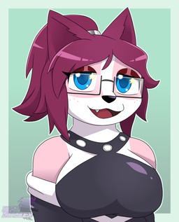 anthro big_breasts blue_eyes breasts clothed clothing eyewear female freckled_face freckles fur glasses hair hoodie off_shoulder open_clothing open_hoodie open_topwear pink_body pink_fur ponytail rectangular_glasses red_hair simple_background snaggle_tooth solo starry_eyes topwear nerointruder nuggy_(anaugi) badger mammal mustelid musteline 2025 hi_res