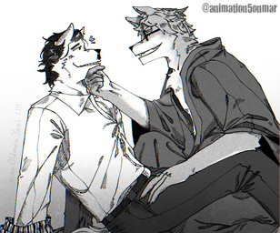 age_difference asian_clothing blush chest_fur clothing duo east_asian_clothing eyebrows eyewear facial_hair flirting glasses hair hand_on_chin japanese_clothing jokiku_inoiri long_hair male male/male mustache older_male satori_ahanezawa shy smile thick_eyebrows yukata animation_5 canid canine humanoid mammal black_and_white monochrome