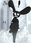 2019 3_toes 4_fingers anthro bathing belly big_breasts biped black_ears black_tail black_text breasts butt covering covering_breasts covering_self detailed_background digital_drawing_(artwork) digital_media_(artwork) ears_up embarrassed exclamation_point eyelashes feet female female_anthro fingers front_view full-length_portrait glistening_text inkblot inky_(thatoneaceguy) lagomorph leporid looking_at_viewer mammal markings nude nude_anthro nude_female on_one_leg overweight overweight_anthro overweight_female pie_cut_eyes portrait rabbit rabbit_ears scut_tail short_tail shower shower_head showering soap solo standing suds tail teeth text thatoneaceguy three-quarter_view tile tile_wall toeless_(marking) toes toony wall_(structure) water white_eyelashes white_eyes white_markings white_toes