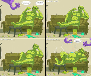 anthro chemicals chips_(food) duo female food furniture goo_transformation green_body male male/female malleable post-apocalyptic purple_body science scientist slime sofa speech_bubble stretchy text transformation wastelander_drex wastelanders annie_(zeta-1) drex_(wastelander_drex) alien bear goo_creature mammal absurd_res comic english_text hi_res