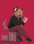 anthro black_nose bottomwear clothing jacket looking_at_viewer male pants red_background simple_background solo stereo teeth topwear ink_pocket aggretsuko netflix sanrio haida_(aggretsuko) hyena mammal spotted_hyena 2019 hi_res