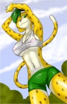 anthro breasts clothing cloud crossgender female green_eyes green_hair hair long_tail looking_at_viewer mascot nipple_outline one_eye_closed side_boob solo spots tail translucent translucent_clothing under_boob wink unknown_artist zakumi felid leopard mammal pantherine