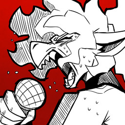 5_fingers ambiguous_gender anthro bodily_fluids electronics eyes_closed fangs fingers hair holding_microphone holding_object microphone open_mouth ponytail red_background shoulderless_topwear simple_background singing solo sweat sweaty_face teeth tongue nerdyreindeer khyber_(nerdyreindeer) kobold scalie 1:1 2026 hatching_(art) monochrome shaded