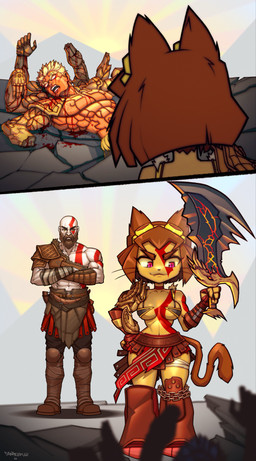 2_panel_comic after_training annoyed anthro arm_armor armor asymmetrical_armor bald bladed_weapon blood blood_on_body blood_on_face bodily_fluids bottomwear brown_hair brown_tail cat_tail chain clothed clothing cosplay cracked_armor cracks cross-dialogue crossover_cosplay curved_sword damaged damaged_armor damaged_clothing defeated defeated_hero duo enchanted_weapon eyelashes eyewear female footwear gauntlets gesture gloves goggles greaves greek group hair hand_gesture hand_on_hip handwear larger_male leg_armor loincloth looking_at_another male male/female markings muscular muscular_male outside pale_skin pauldron pointing pose rear_view sandals scared severed_arm severed_body_part severed_limb shaking shaky_legs shoes short_hair side_view simple_background size_difference skimpy_topwear skinsuit smaller_female smile socks standing sunset sweat sweating_profusely sweaty_face tail text thought_bubble tight_clothing toeless_footwear toeless_socks topless topless_male torn_clothing unconvincing_armor vambrace whiskers white_body wounded yellow_clothing yellow_eyewear yellow_goggles danderfull asura's_wrath gameoverse glitch_productions god_of_war guild_wars playstation sony_corporation sony_interactive_entertainment kit_bodega kratos asura demigod domestic_cat felid feline felis human mammal absurd_res comic crossover english_text hi_res shaded