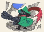 anthro black_body black_fur clothed clothing eyewear fur gatling_gun glasses gun hat headgear headwear machine_gun male minigun ranged_weapon ruins scarf solo weapon cocoa-ando deltarune ralsei_with_a_gun undertale_(series) ralsei bovid caprine goat mammal icon