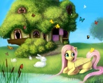 blue_eyes building feathered_wings feathers female feral group hair house insect_wings pink_hair quadruped river tail wings yellow_body yellow_feathers magpie_(artist) friendship_is_magic hasbro my_little_pony mythology angel_(mlp) fluttershy_(mlp) arthropod butterfly equid equine insect lagomorph lepidopteran leporid mammal mythological_creature mythological_equine pegasus rabbit 5:4