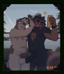 2023 alcohol anthro balls beer beverage black_body black_fur brown_body brown_fur canid canine canis detailed_background domestic_dog duo erection fur genitals hi_res holding_object humanoid_genitalia humanoid_penis male male/male mammal nextel nude overweight overweight_male penis photo reed_(bearra) seibrxan_(fursona) slightly_chubby slightly_chubby_male