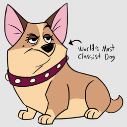 black_nose brown_ears collar eyelashes female feral fur half-closed_eyes long_eyelashes markings mole_(marking) narrowed_eyes pink_inner_ear purple_collar solo tan_body tan_fur tear_trough text toony mandrawsdog 101_dalmatian_street 101_dalmatians disney clarissa_(101_dalmatians) canid canine canis domestic_dog herding_dog mammal pastoral_dog welsh_corgi english_text hi_res