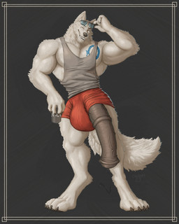 animal_genitalia animal_penis anthro balls balls_outline big_balls big_penis black_background blue_tattoo bodily_fluids bottomwear bulge can chest_tattoo claws clothed clothed_male clothing container detailed_bulge detailed_fur equine_genitalia equine_penis erection eyewear flared_penis fur genital_fluids genital_outline genitals glasses holding_can holding_container holding_object huge_balls huge_penis hyper hyper_genitalia hyper_penis leaking_precum lifting_glasses looking_at_viewer male medial_ring muscular muscular_male penis penis_poking_out penis_through_leghole precum red_bottomwear red_clothing red_shorts sharp_teeth shirt shorts simple_background smile smiling_at_viewer solo standing tail tank_top tattoo teeth topwear white_body white_fur masterokami okami_(masterokami) canid canine canis mammal wolf 2023 dated detailed hi_res signature