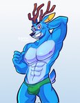 abs anthro antlers big_muscles briefs bulge clothed clothing detailed_bulge eyebrows fur hand_behind_head horn looking_at_viewer male muscular muscular_anthro muscular_male navel nipples pecs seductive simple_background smile solo standing teeth topless topless_anthro topless_male tuft underwear white_background fluchinick animal_crossing nintendo bam_(animal_crossing) deer mammal 2023 hi_res