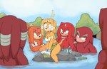 anthro blue_eyes bottomwear bra bracelet clothing female gloves grin group handwear jewelry lake loincloth male orange_body partially_submerged red_body rock sitting smile tail underwear arantarisu_yamu sega sonic_adventure sonic_the_hedgehog_(series) tikal_the_echidna echidna mammal monotreme absurd_res hi_res