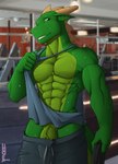 abs anthro biceps bodily_fluids bottomwear bottomwear_down clothed clothing genitals gym humanoid_genitalia humanoid_penis male muscular muscular_male pants pants_down partially_clothed pecs penis penis_base solo sweat vein veiny_penis saruuk sar lizard reptile scalie 2021 hi_res