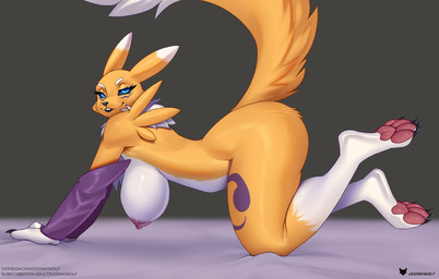 anthro areola armwear big_breasts blue_eyes bottomless breasts clothed clothing female fur hanging_breasts looking_at_viewer nipples solo white_body white_fur yellow_body yellow_fur doomthewolf bandai_namco digimon digimon_(species) renamon 2026 hi_res